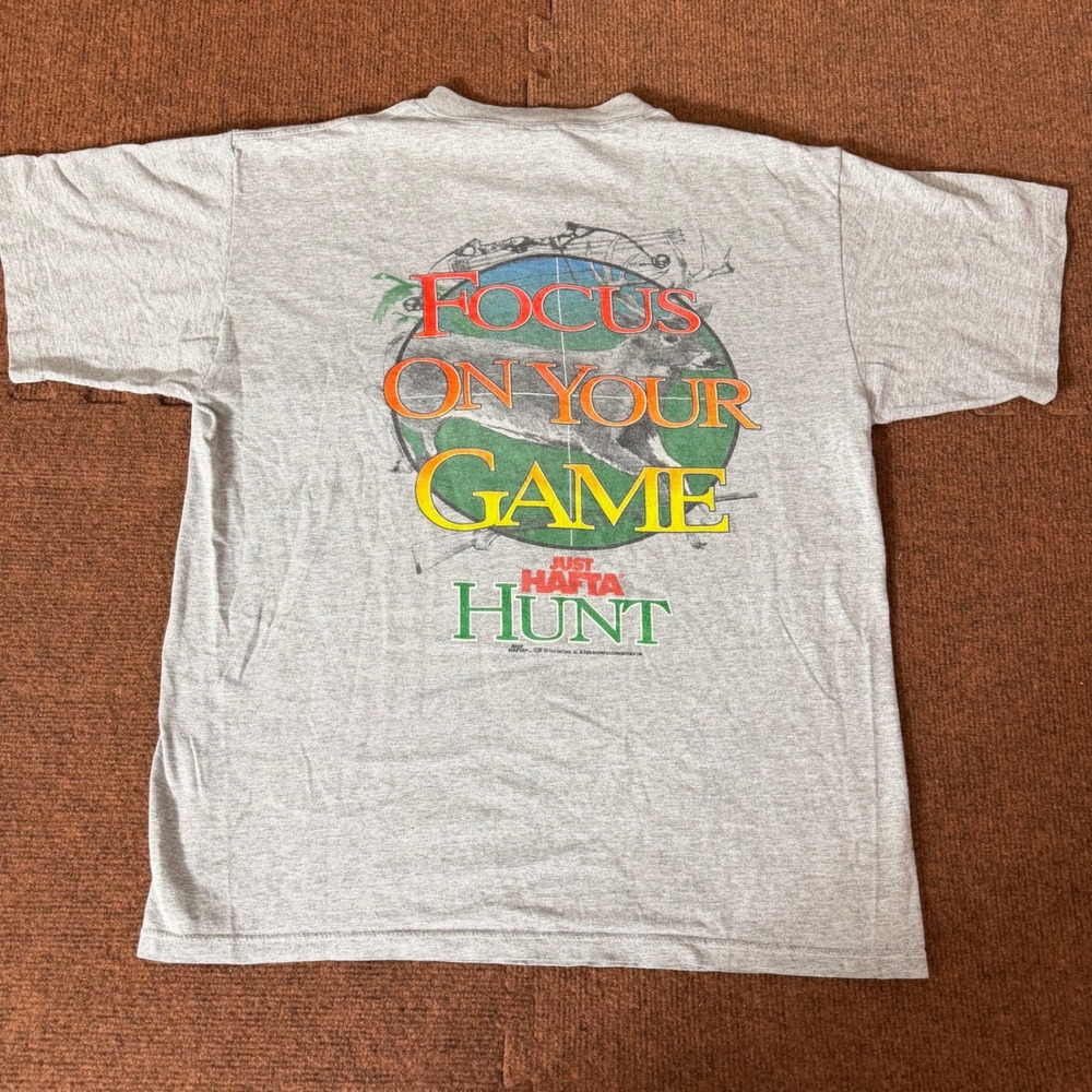 Vintage Coed Sportswear Just Hafta Hunt Deer Graphic T-Shirt Gray Mens Large USA